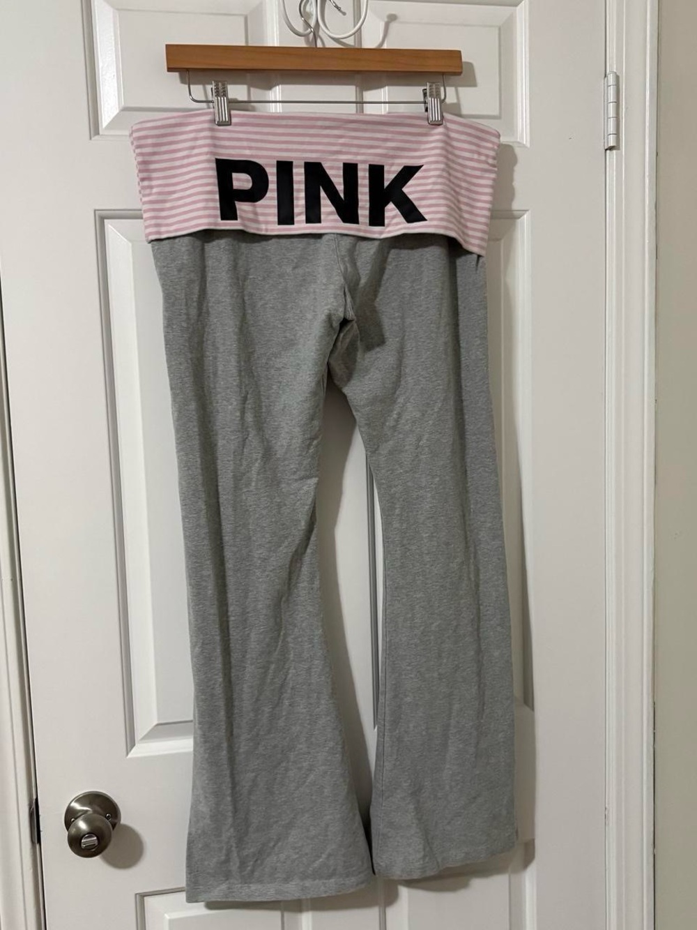 PINK Victoria's Secret originals grey pink and white stripe fold over yoga pants